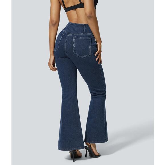 Halara Flex Crossover Flare Washed Casual Stretch Jeans Denim Navy L Petite - Picture 1 of 9